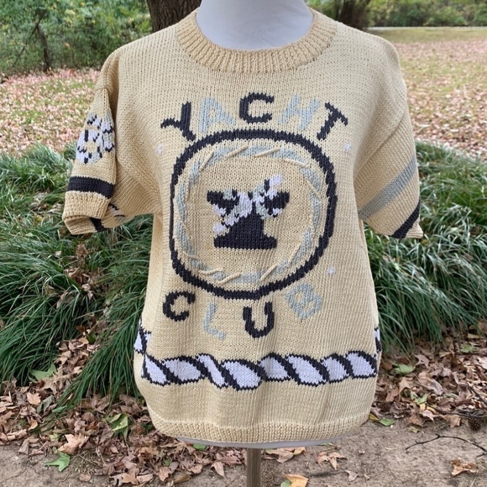 RARE Vintage Berek Hand Knit Wearable Art Nautical Sweater "Yacht Club" M